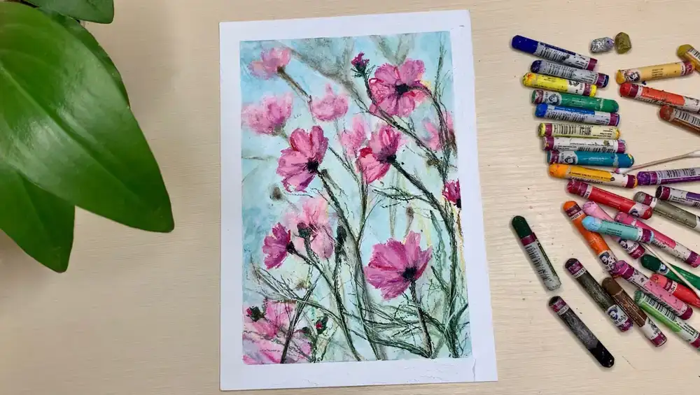 آموزش نقاشی پاستل روغن گل با پس زمینه تار