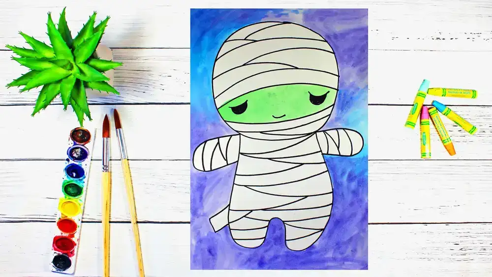 آموزش هنر برای کودکان و مبتدیان: چگونه یک مومیایی زیبا را برای جشن هالووین بکشیم و با آبرنگ نقاشی کنیم