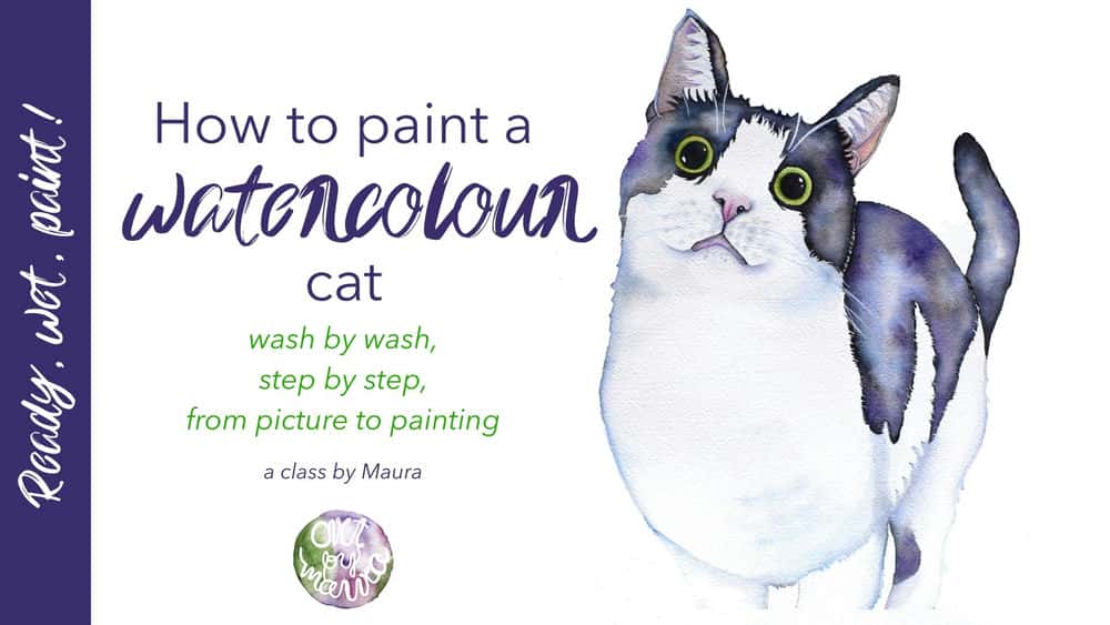 آماده، خیس، رنگ! آموزش نقاشی یک گربه سیاه و سفید در آبرنگ