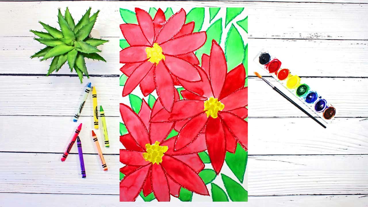 آموزش پروژه هنری برای بچه ها و مبتدیان: طراحی و نقاشی با آبرنگ گل های پوانستیا برای کریسمس