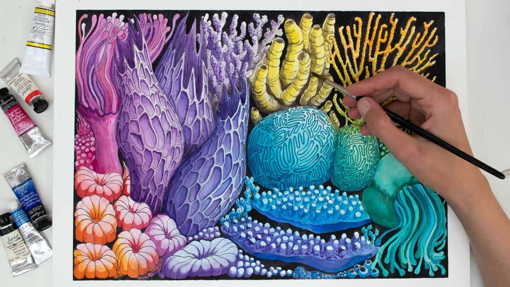 آموزش نحوه ترسیم و رنگ آمیزی صخره مرجانی رنگین کمانی با جوهر + آبرنگ
