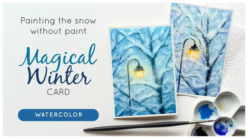 آموزش کارت پستال های زمستانی جادویی با آبرنگ، نقاشی برف بدون رنگ