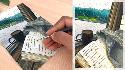 آموزش نقاشی اکریلیک پنجره روز بارانی - گام به گام