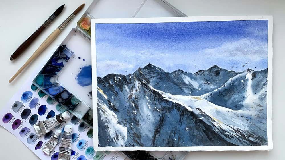 آموزش کوه های آفتابی برفی با آبرنگ: نحوه نقاشی برف، خورشید و کوه ها با آکوارل