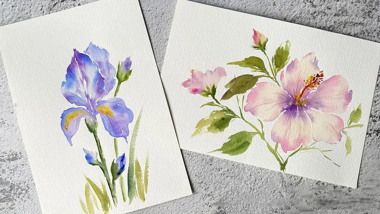 آموزش نحوه رنگ آمیزی گلهای آبرنگ آزاد و رسا: زنبق و هیبیسکوس را بیاموزید