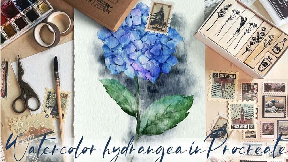 آموزش نقاشی گل های آبرنگ در Procreate - تصویر دیجیتالی از Hydrangea + ماکت رایگان