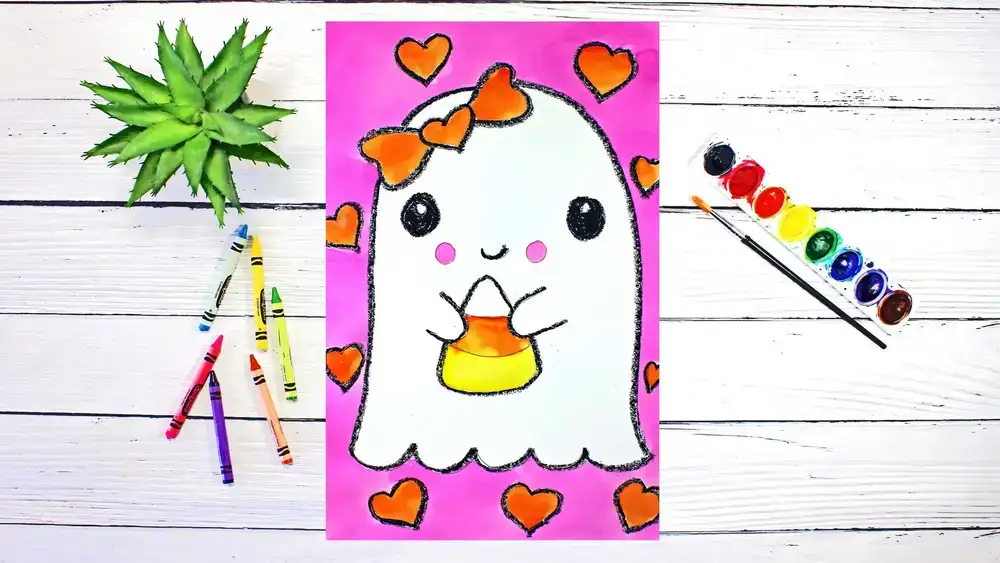 آموزش پروژه هنری آسان برای بچه ها: چگونه یک شبح ناز هالووین را با آب نبات ذرت بکشیم و آبرنگ بکشیم!