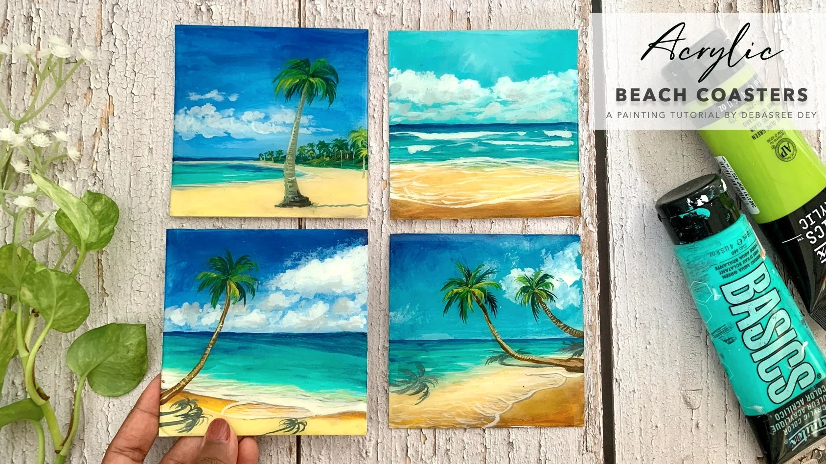 آموزش زیر لیوانی ساحلی را با رنگ اکریلیک + روکش رزین رنگ کنید