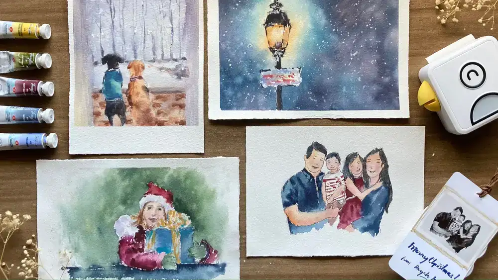 آموزش استاد سبک رسا نقاشی: چهار کارت کریسمس در آبرنگ