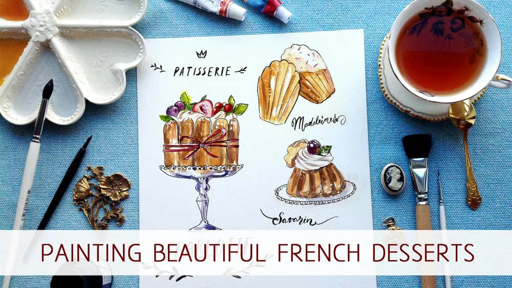 آموزش نقاشی دسرهای فرانسوی زیبا با جوهر و آبرنگ