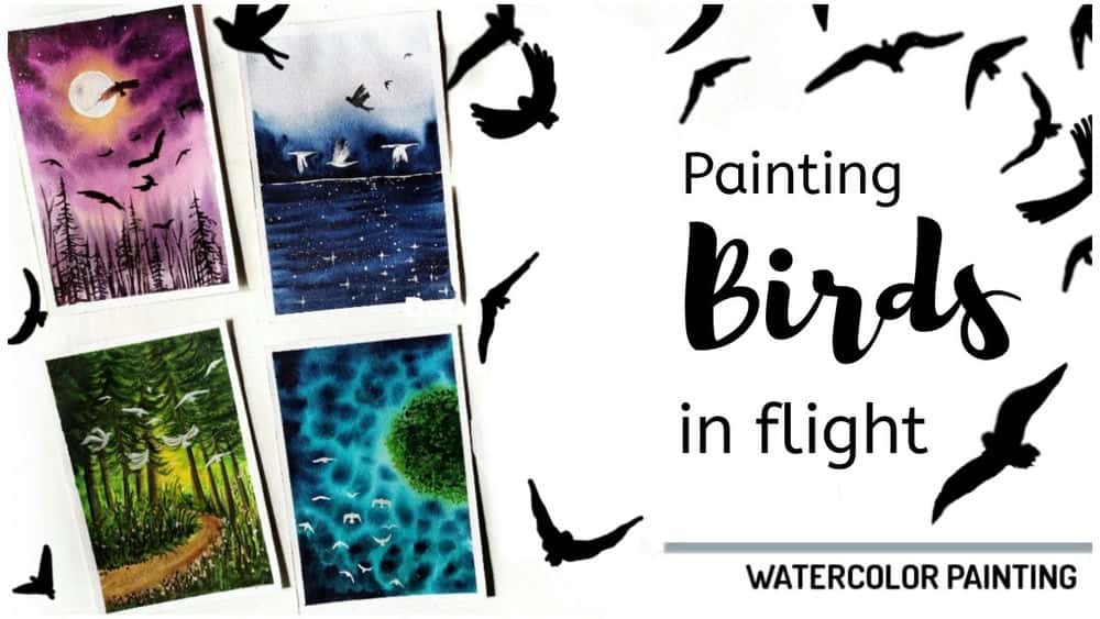 آموزش نقاشی پرندگان در حال پرواز با استفاده از آبرنگ | پرندگان و مناظر