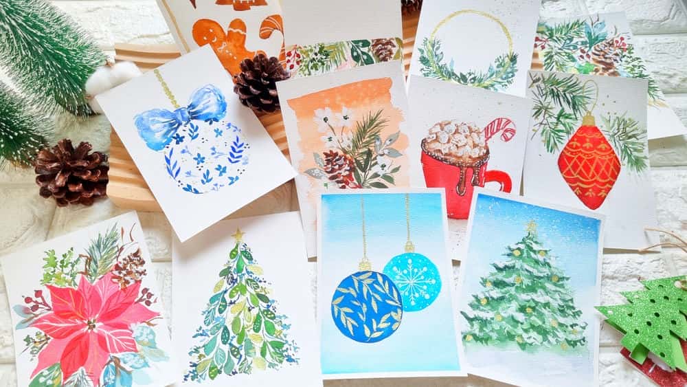 پروژه های کریسمس آبرنگ: آموزش نقاشی 12 کارت تعطیلات