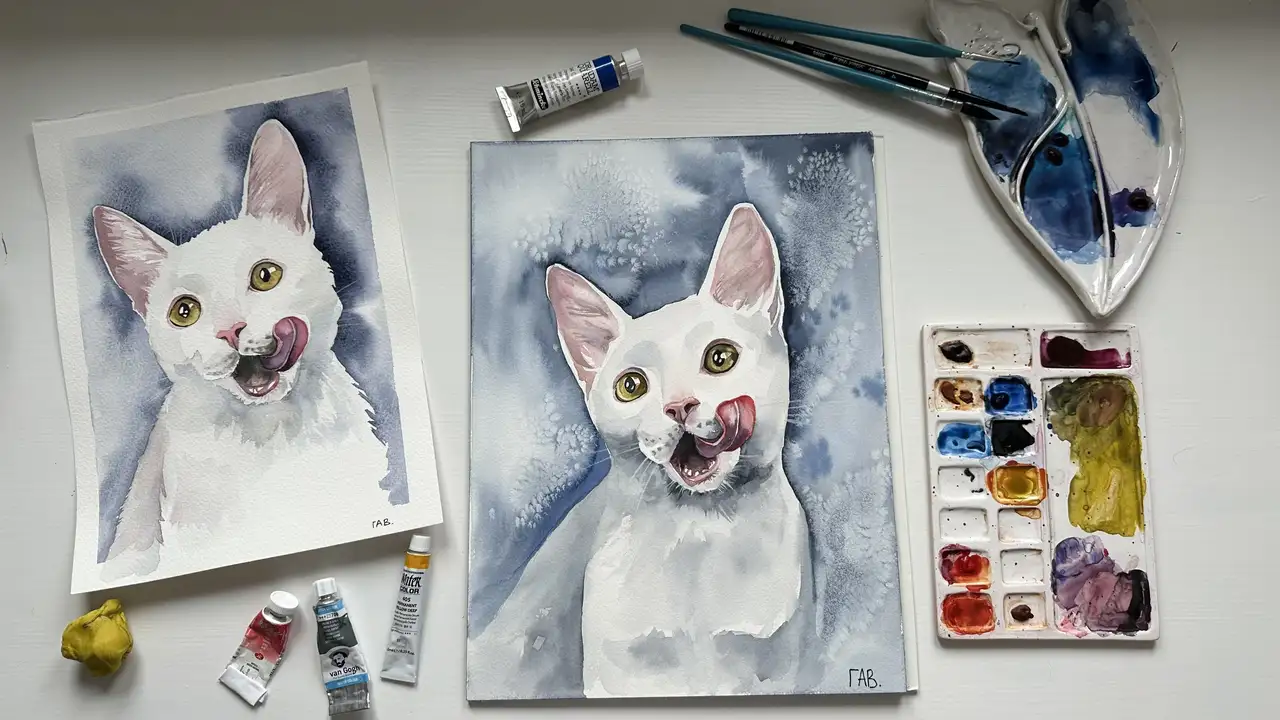 آموزش نقاشی حیوانات: پرتره گربه آبرنگ واقعی