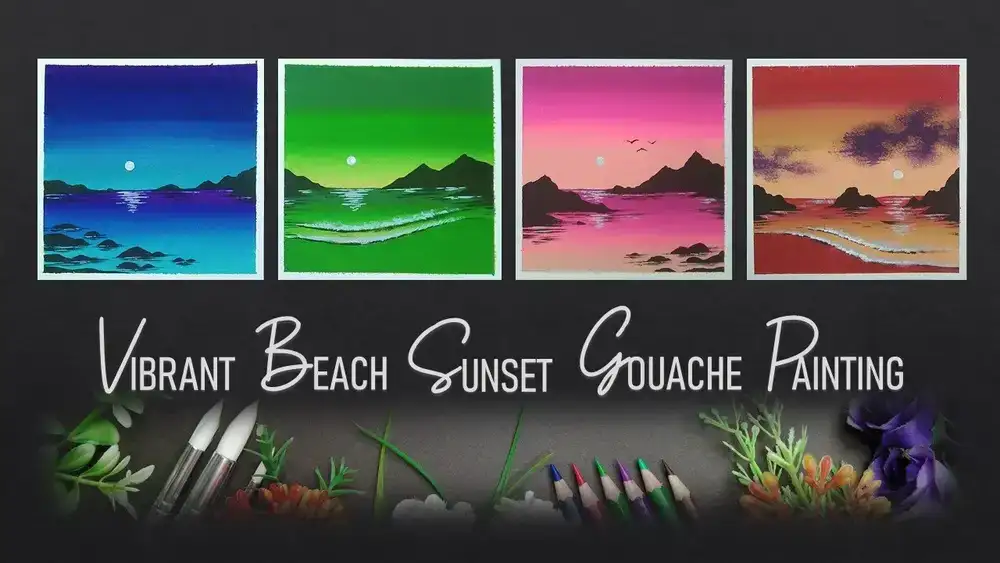 آموزش نقاشی پر جنب و جوش غروب ساحل - چهار نقاشی آسان گواش برای مبتدیان