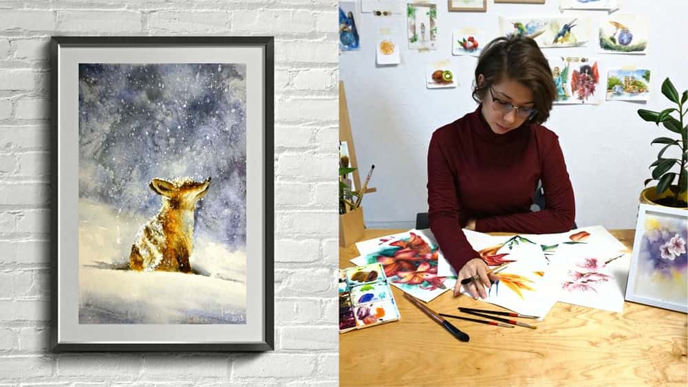 آموزش آبرنگ واقعی: یک روباه ناز را در بارش برف زمستانی رنگ کنید
