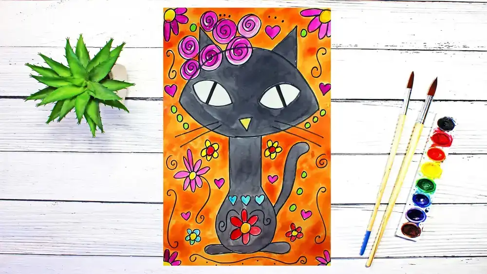 آموزش کلاس هنر برای کودکان و مبتدیان: چگونه یک گربه هنر عامیانه را برای پاییز و هالووین بکشیم و با آبرنگ نقاشی کنیم