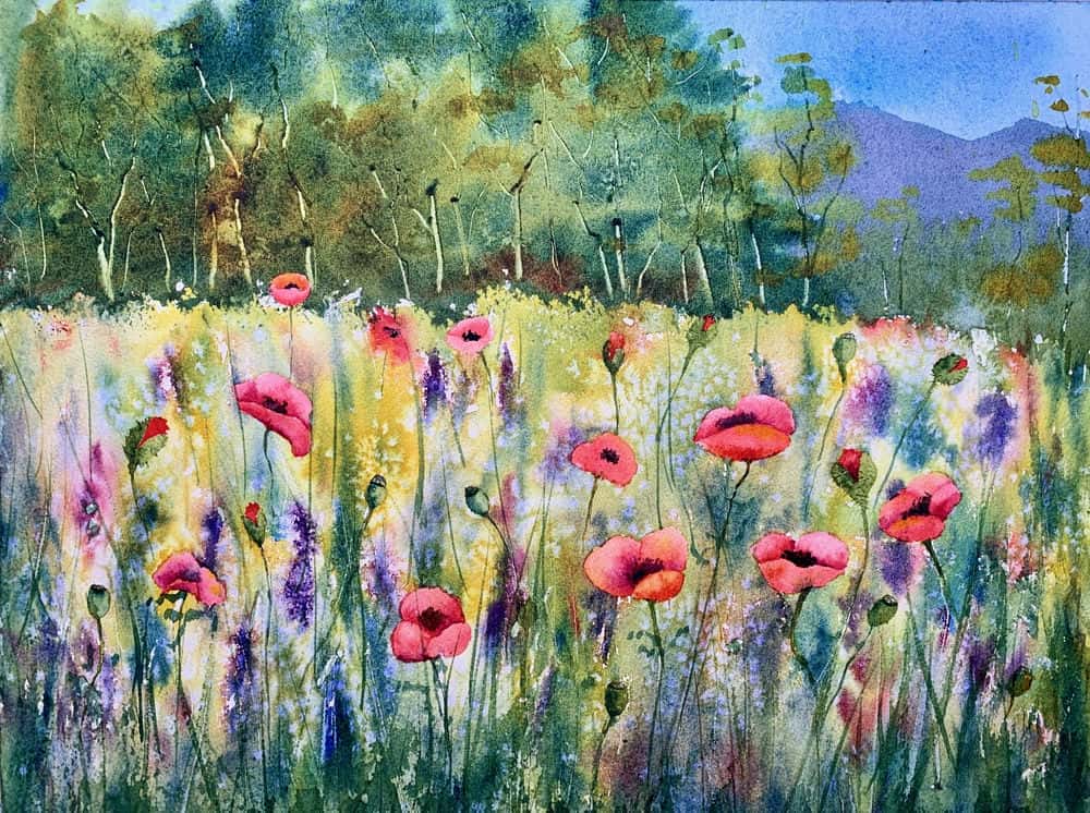 آموزش نقاشی مزرعه ای از گل های وحشی با آبرنگ
