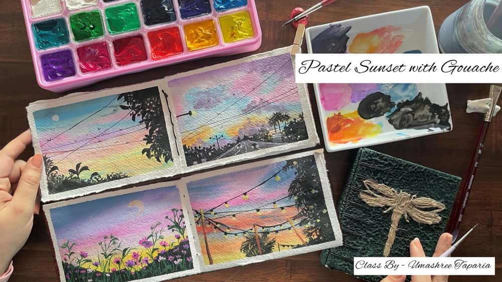 غروب پاستلی با گواش - آموزش نقاشی 4 آسمان غروب آفتابی رسا