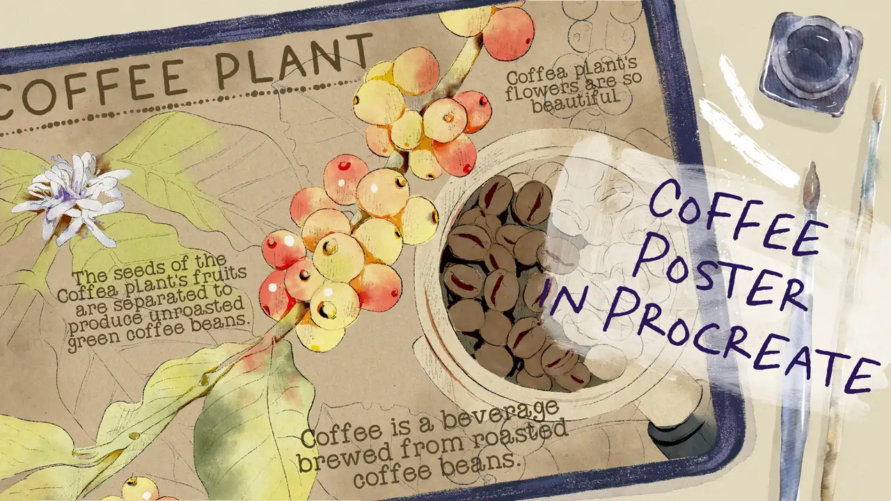 آموزش نقاشی پوستر قهوه در Procreate: هنر گیاه شناسی با تکنیک های جدید طراحی و آبرنگ