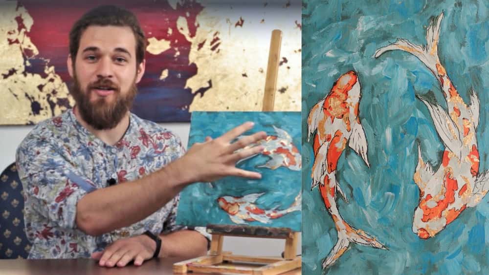 آموزش نقاشی انتزاعی، نقاشی اکریلیک مدرن با برگ طلا را ایجاد می کند