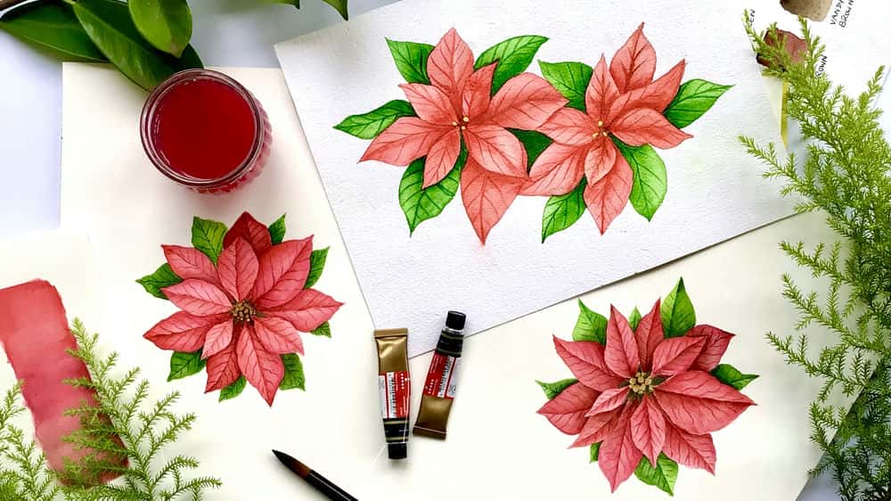 آموزش گلهای آبرنگ- نقاشی پوانستیا برای مبتدیان