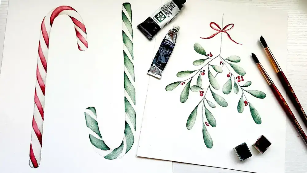 آموزش تصاویر آبرنگ کریسمس: چگونه عصاهای دارواش و آب نبات واقعی را نقاشی کنیم