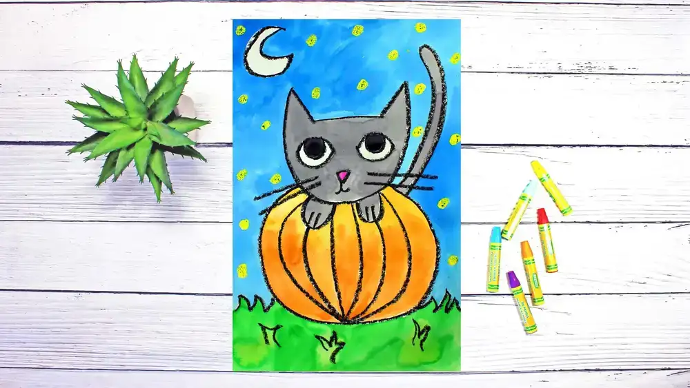 آموزش پروژه هنری آسان برای بچه ها: چگونه یک گربه سیاه و یک کدو تنبل را برای هالووین بکشیم و با آبرنگ نقاشی کنیم!