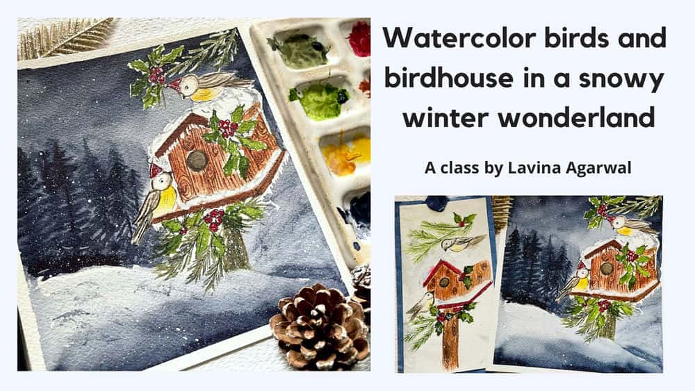 آموزش پرندگان آبرنگ و خانه پرنده در سرزمین عجایب زمستانی کریسمس برفی