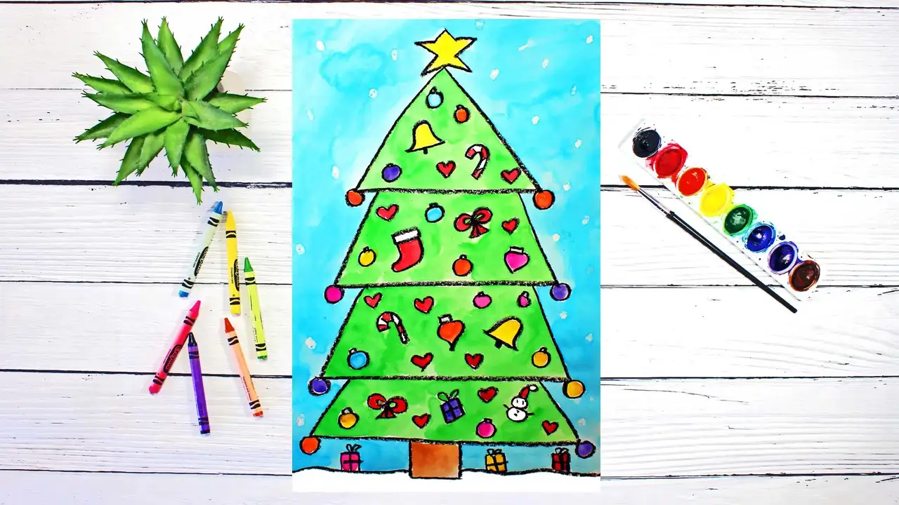 آموزش کلاس هنر برای کودکان و مبتدیان: چگونه یک درخت کریسمس را با زیورآلات نقاشی و آبرنگ بکشیم