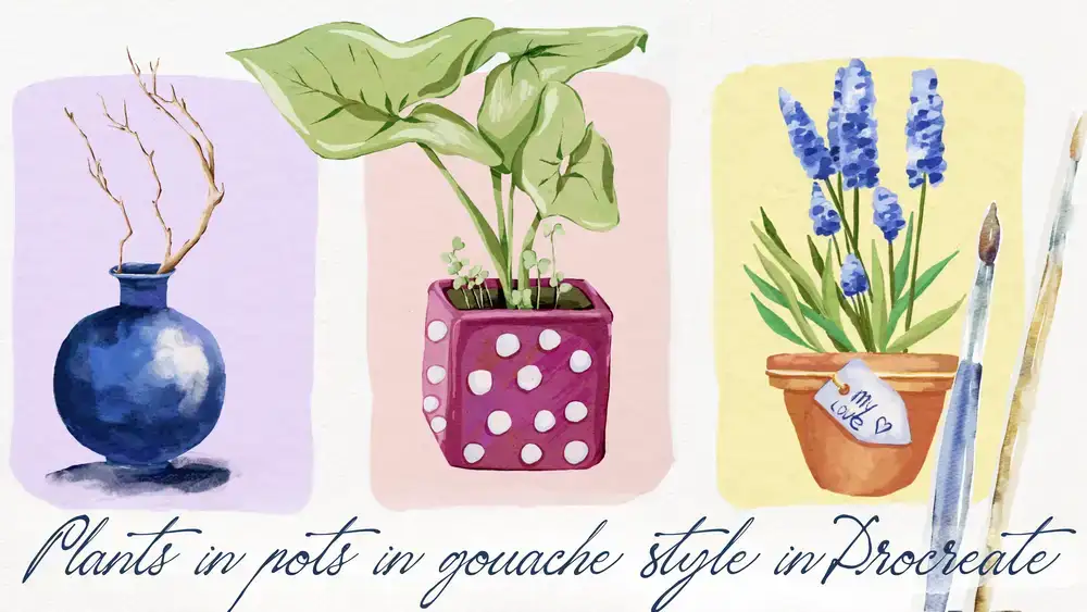 آموزش گیاهان گواش در گلدان در Procreate - تصویر دیجیتال گل + برس رایگان