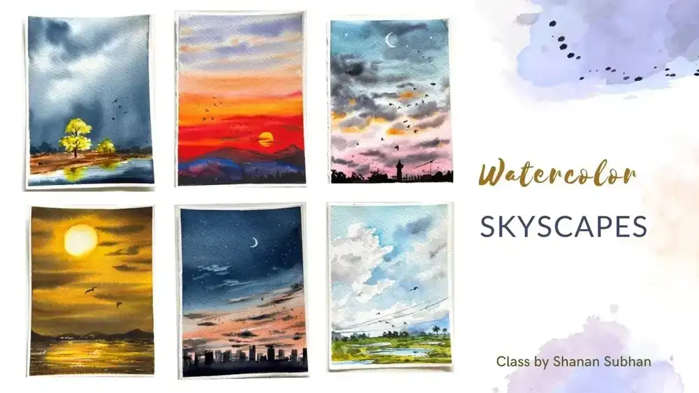 آموزش مناظر آسمان با آبرنگ - 6 نقاشی آسمان