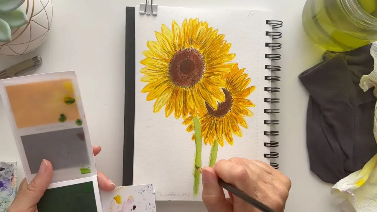 آموزش تکنیک های آبرنگ: گام به گام گل آفتابگردان با جزئیات آسان