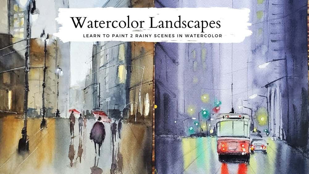 مناظر آبرنگ | آموزش نقاشی دو صحنه مختلف بارانی با آبرنگ