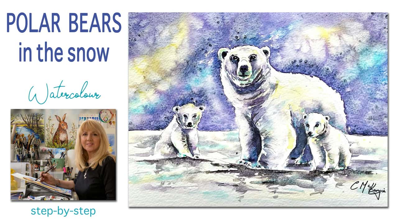 آموزش خرس های قطبی در برف. استاد کلاس آبرنگ با کری مک کنزی. نقاشی حیوانات - مبتدیان