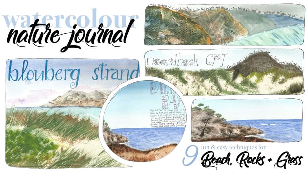 آموزش مجله طبیعت آبرنگ - ساحل، صخره ها و چمن را رنگ کنید