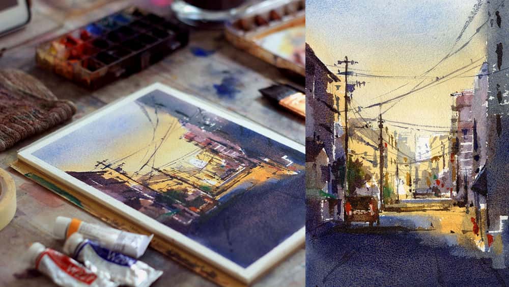 آموزش نقاشی گام به گام مناظر شهری با آبرنگ (سری شماره 1).