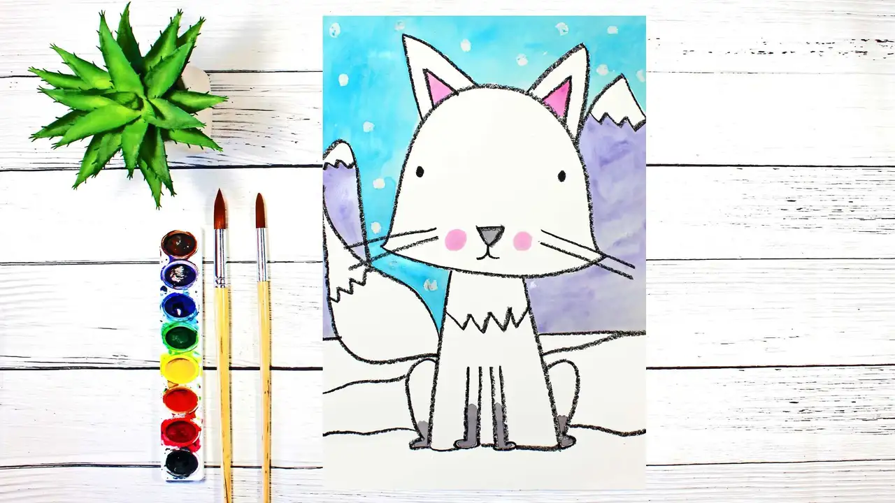 آموزش کلاس هنر برای کودکان و مبتدیان: چگونه یک روباه قطبی را در برف بکشیم و آبرنگ بکشیم