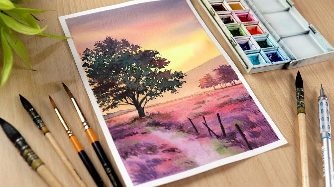 نقاشی غروب آفتاب با آبرنگ: آموزش نقاشی صورتی غروب و درخت