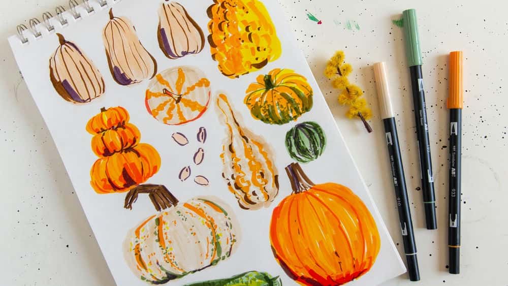 آموزش Live Encore: Fall Pumpkins & Gourds with Brush Pen Markers