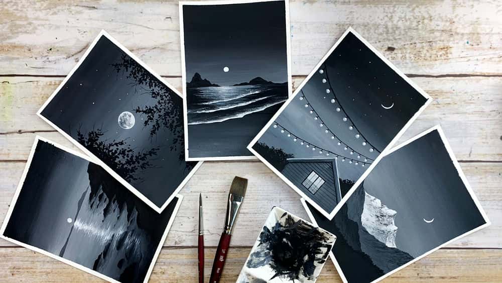 نقاشی های گواش با سیاه و سفید - آموزش نقاشی آسمان شب جادویی
