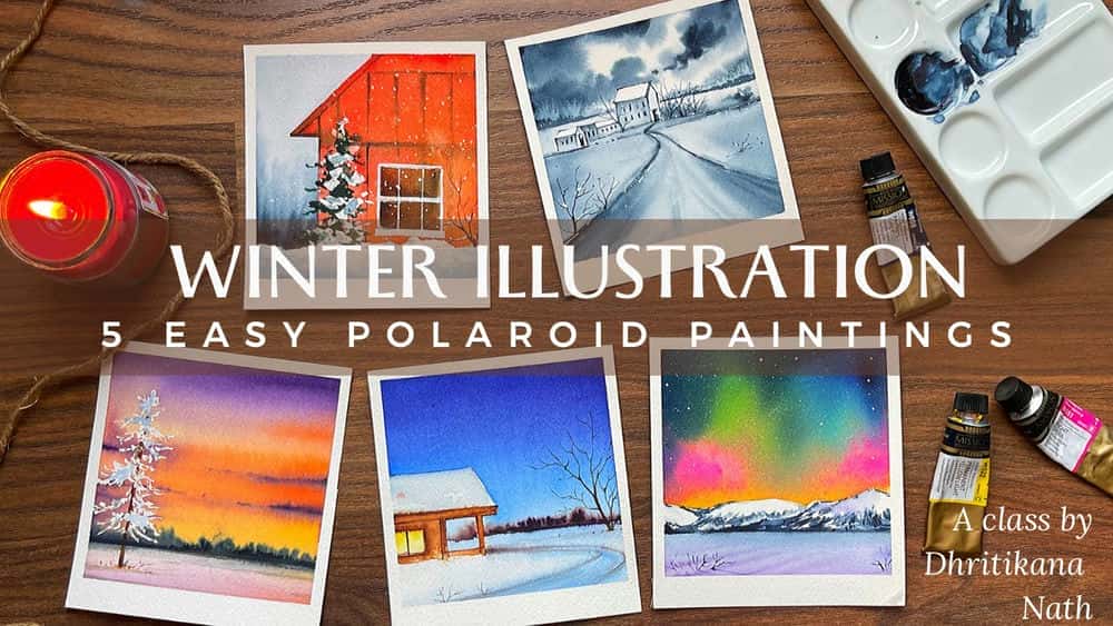 آموزش تصاویر زمستانی - 5 نقاشی آسان با آبرنگ پولاروید