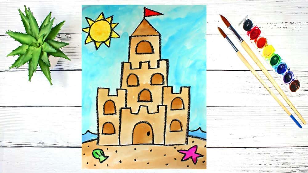 آموزش هنر برای کودکان: چگونه یک قلعه شنی تابستانی را در ساحل بکشیم و با آبرنگ نقاشی کنیم