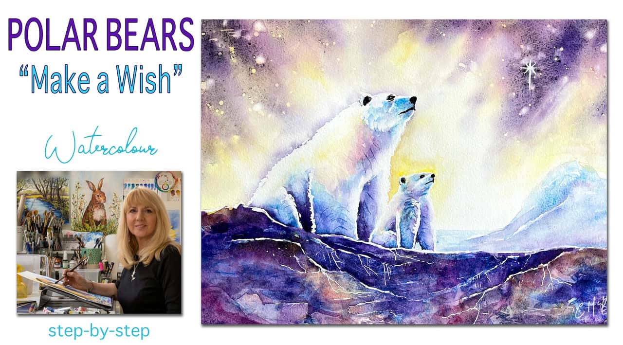 آموزش آرزوی خرس قطبی. استاد کلاس آبرنگ با کری مک کنزی. نقاشی خرس قطبی. حد واسط.