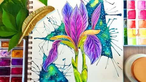 آموزش نقاشی آسان گل زنبق با آبرنگ با پس زمینه کهکشان