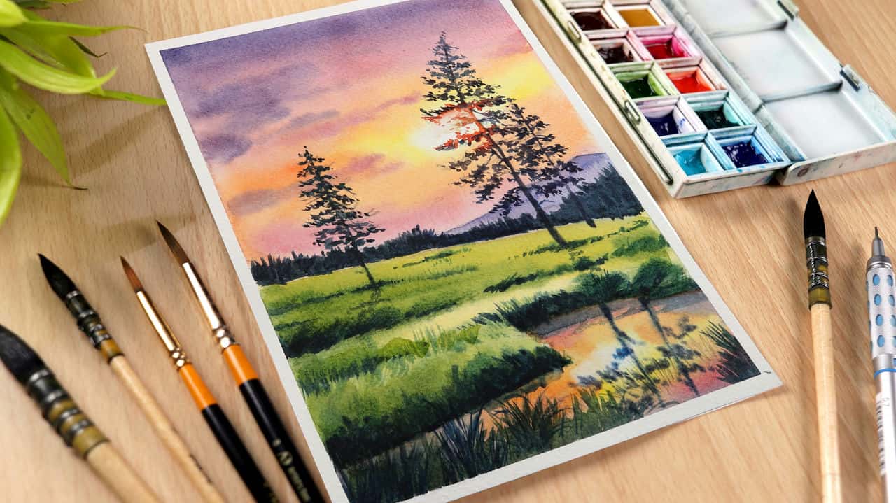 نقاشی غروب آفتاب با آبرنگ: آموزش نقاشی درختان در غروب صورتی