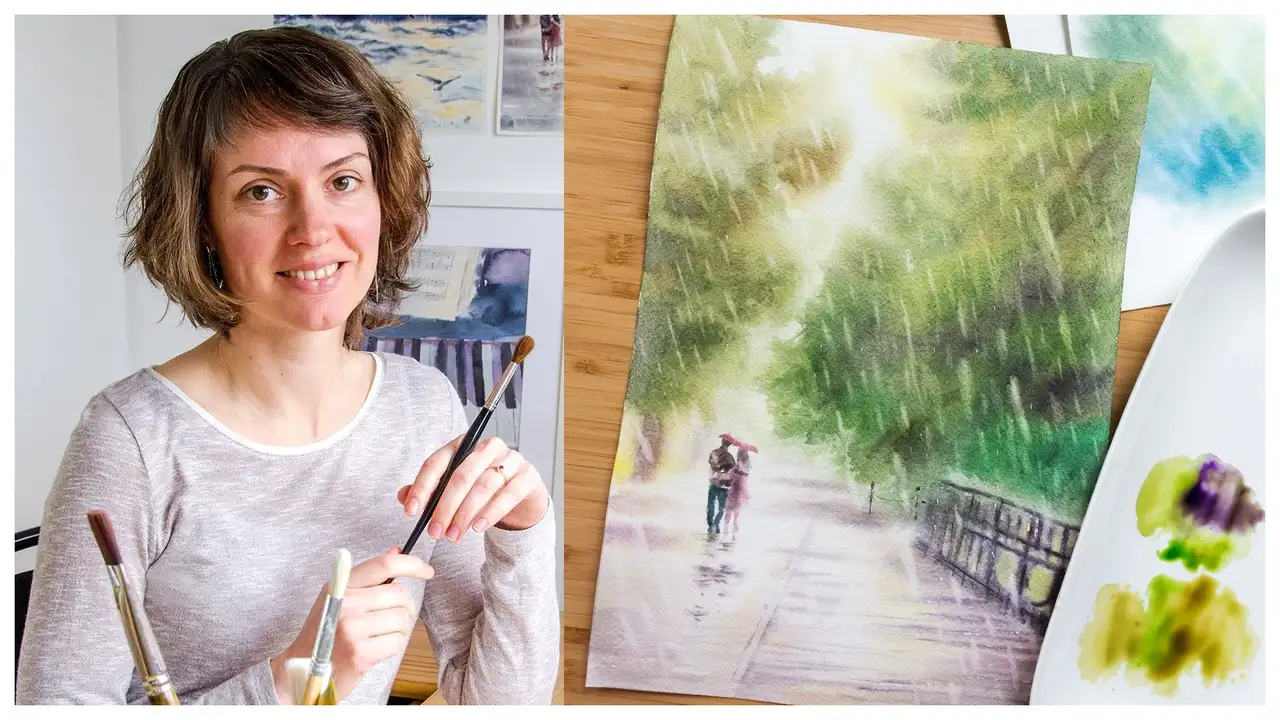 آموزش نقاشی منظره بارانی با آبرنگ