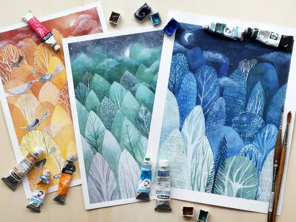 آموزش نقاشی منفی با آبرنگ: جنگل پری را یاد بگیرید و نقاشی کنید.