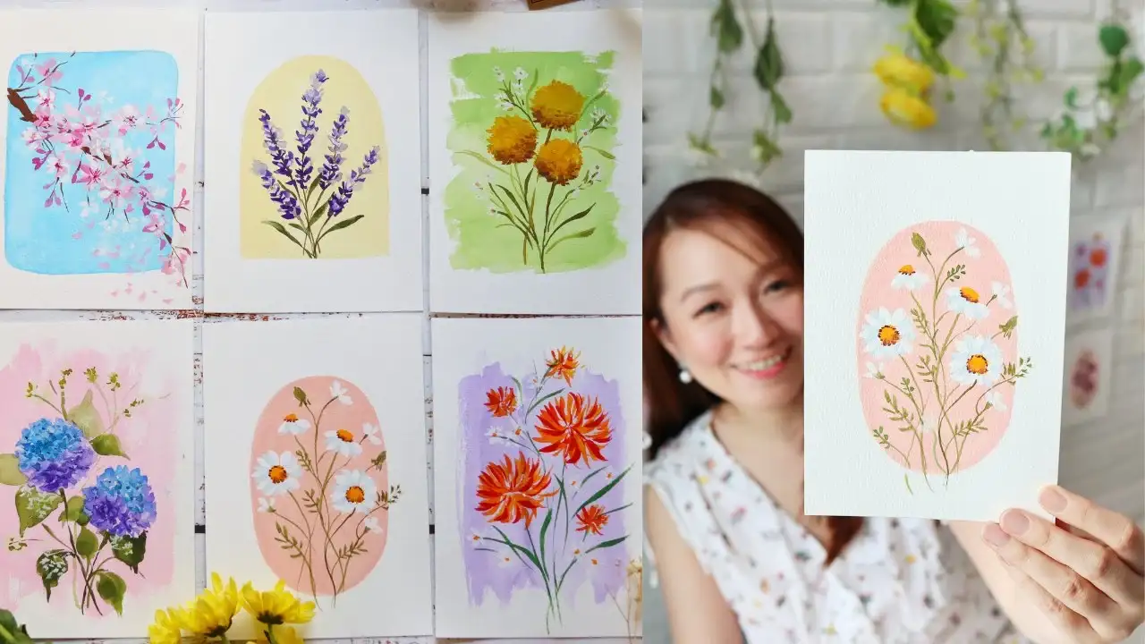 آموزش تکنیک آبرنگ و گواش: نقاشی گل با پس زمینه پاستل
