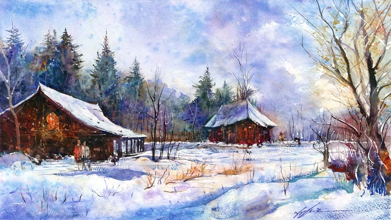 آموزش صحنه آبرنگ زمستانی برفی: رنگ آمیزی گام به گام، کاوش در تکنیک های رنگ و بافت جوی