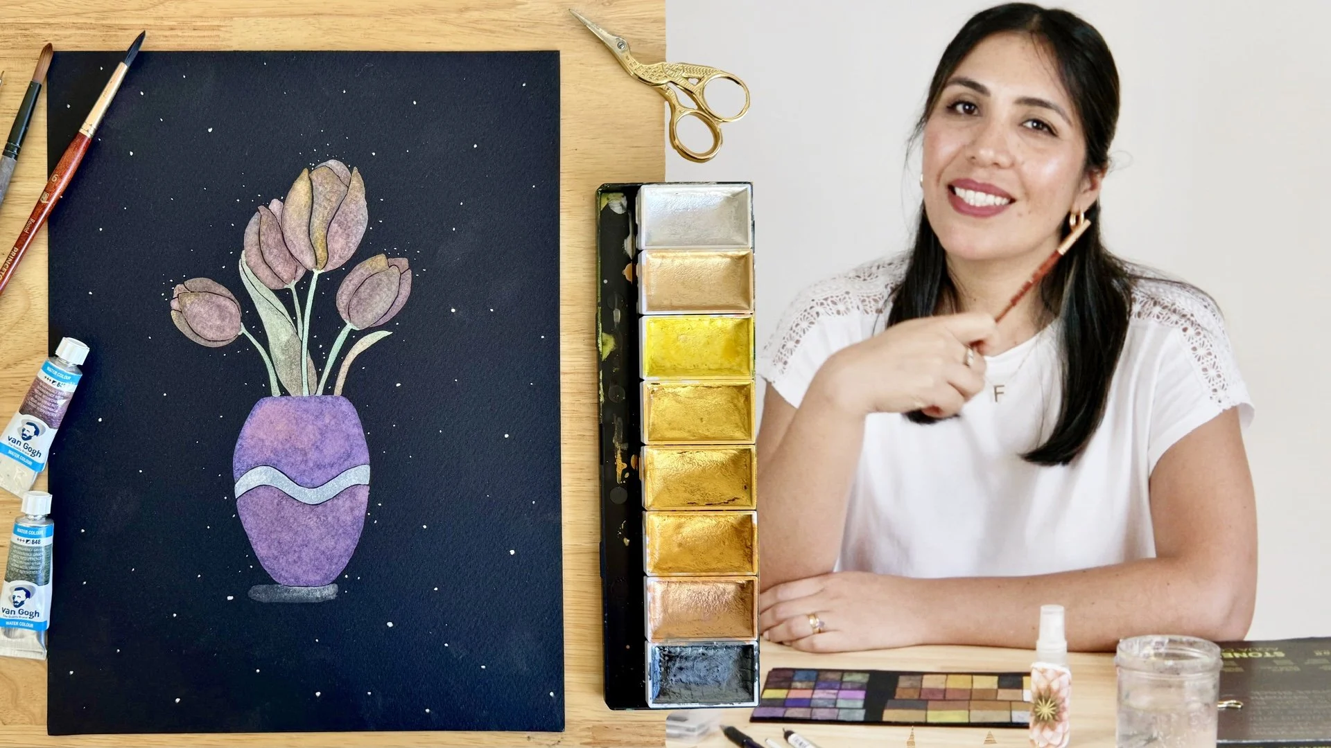 آموزش نقاشی گلدان گل لاله با آبرنگ متالیک روی کاغذ مشکی: لذت رنگ‌آمیزی
